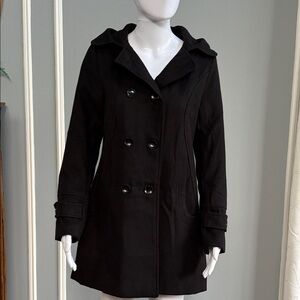 Tanming - Black Double-Breasted Women's Pea Coat with Hood - Size XS